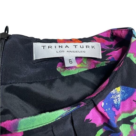 Trina Turk Silk Pleated Sheath Dress Black Pink Size 6 - Picture 7 of 8